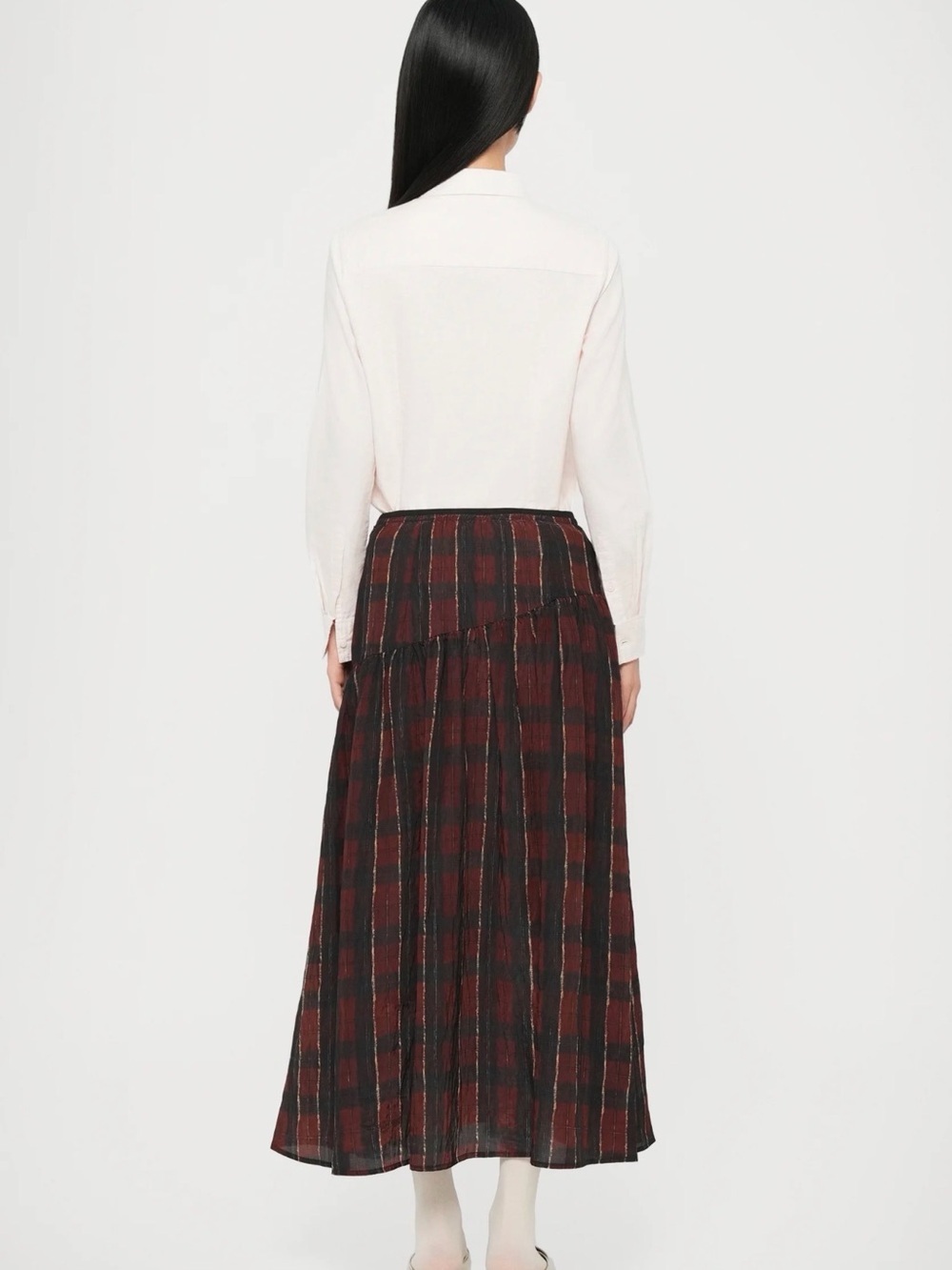 Baum und pferdgarten Plaid ruffled linen Maxi Skirt in Burgundy and Black NWT - Picture 4 of 6
